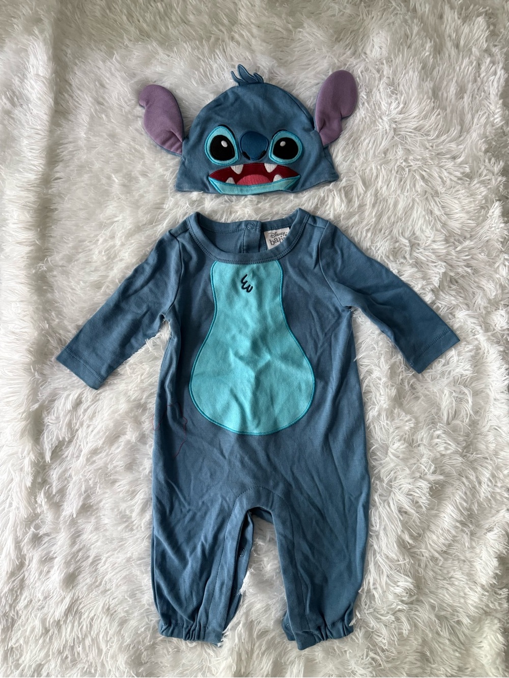 Blue Stitch Baby One-Piece with Light Aqua Patch and Hat